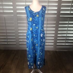 Vtg 90s JAMS WORLD Blue Floral Blutrellis Midi Dress XS Pockets Beach Resort